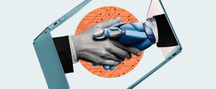 Handshake of man and robot. Modern technologies. Art collage.