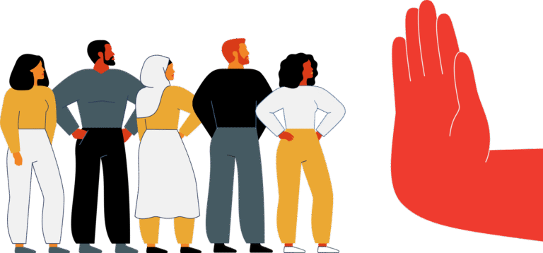 An illustration of a group of diverse people with an oversized red hand in the STOP motion