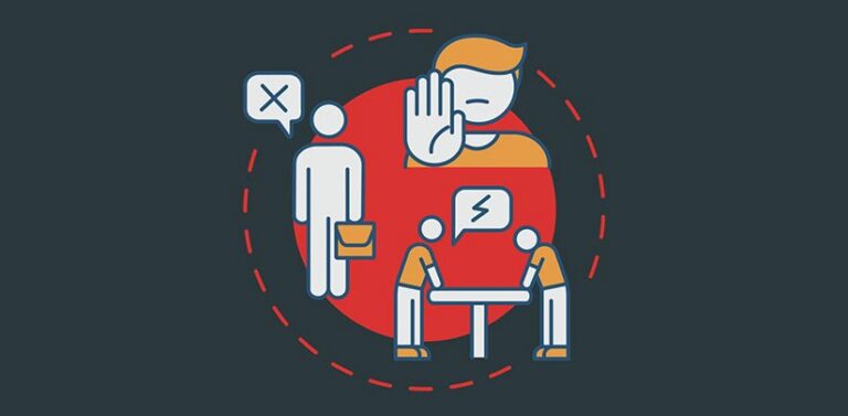 A cartoon showing a person holding up their hand, a dejected worker, and two workers arguing