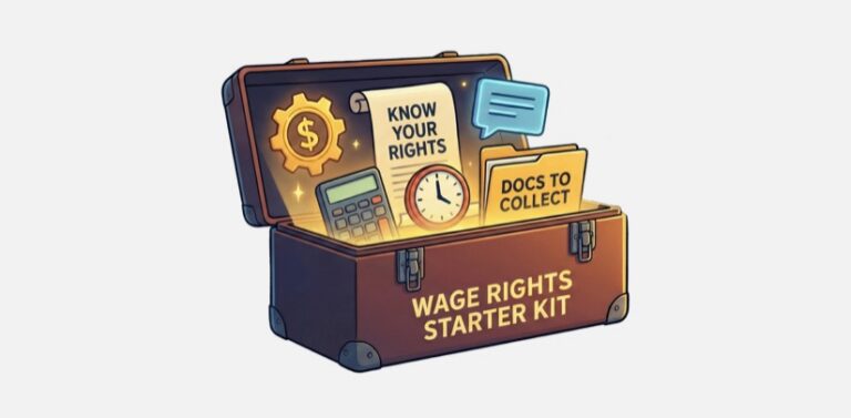 A cartoon trunk labeled 'Wage Rights Starter Kit'