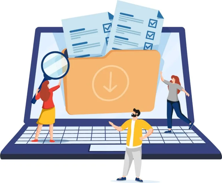 Cartoon laptop with people grabbing a folder from the screen