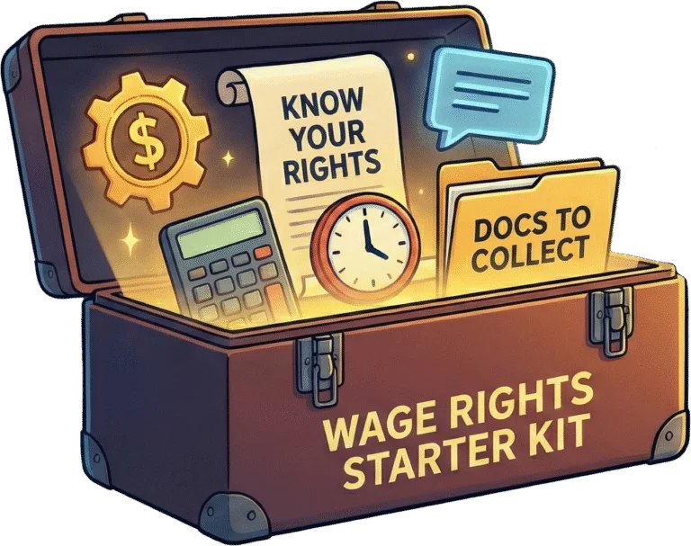 Cartoon "Wage Rights Start Kit" tool box
